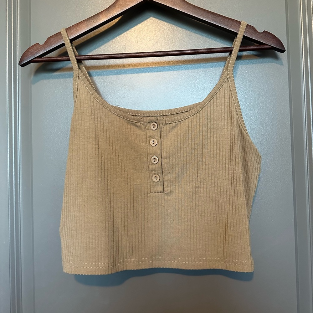 SHEIN Tan Ribbed Button-Up Tank Top